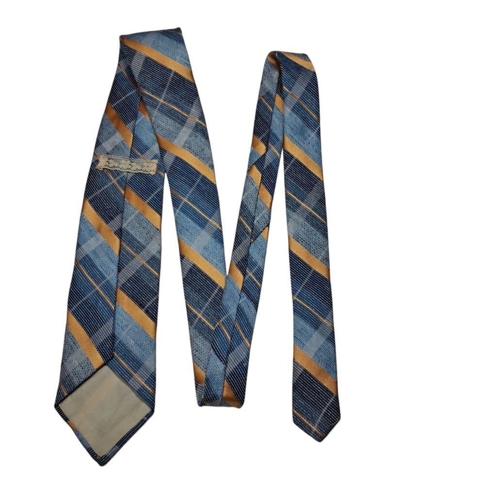 Handmade Vintage Plaid Necktie Blue Yellow Textured Polyester 3x58 Elegant Party - Picture 4 of 7